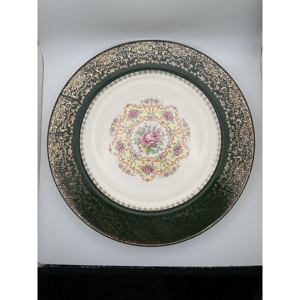 Salem Excellency 23K Gold Display Plate 9 7/8" Green & Gold Band, Floral Center